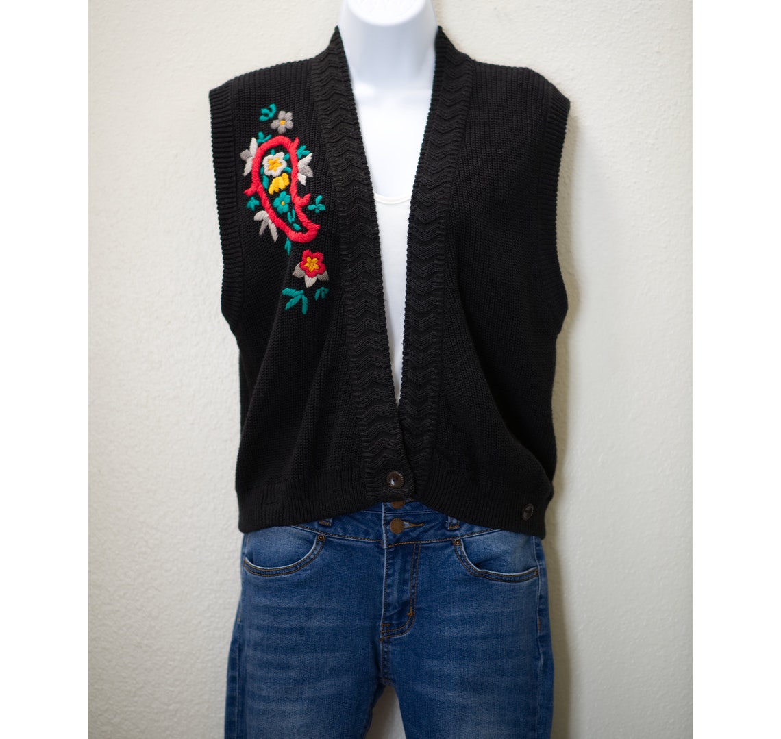Vintage 1980s Sweater Vest 80s Black Paisley Sweater | Etsy