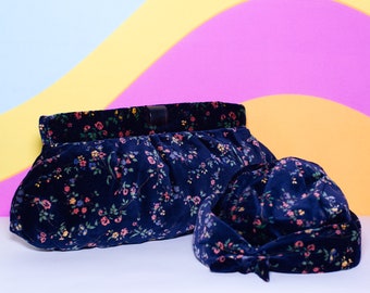 Vintage Dark Blue Floral Velvet Clutch and Hat Set