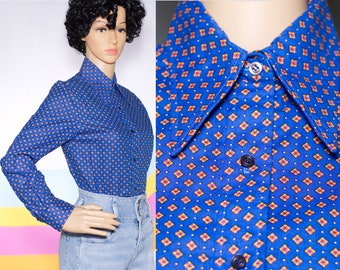 Vintage 1970s New Old Stock Blue Print Long Collar Button Up Shirt | XS / Small | 1