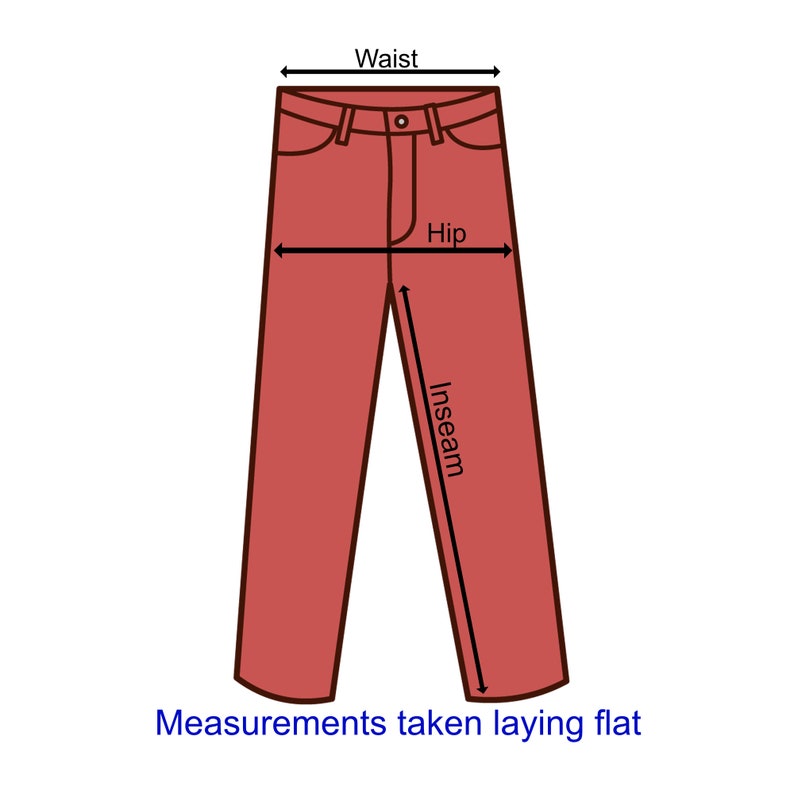 Puede incluir: Un diagrama de pantalones rojos con medidas etiquetadas para la cintura, la cadera y la entrepierna. El texto "Medidas tomadas en plano" est&aacute; debajo de los pantalones. La imagen est&aacute; sobre un fondo blanco.