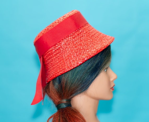 Vintage 1960s Red Straw Bucket Hat - image 1