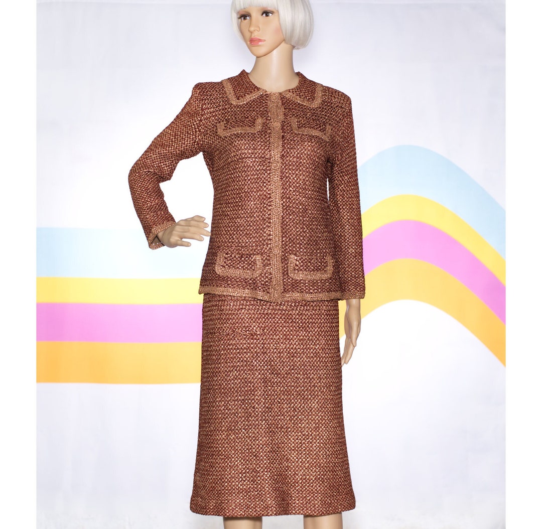 1960s Gunn Trigere Silver Metallic Knit Top & Skirt Set