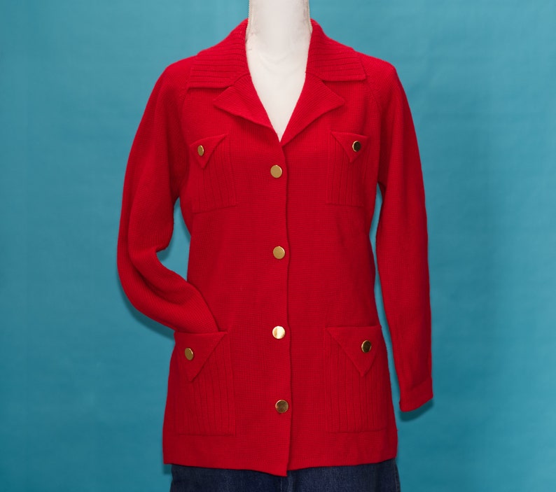 Vintage 1970s Red Sweater Cardigan Blazer Medium image 1