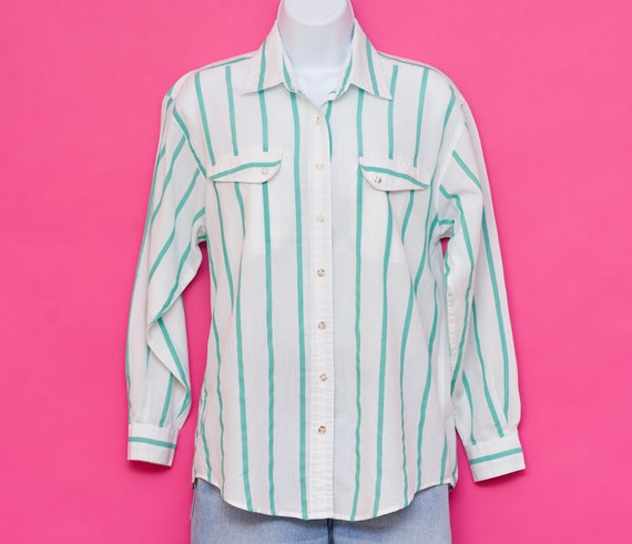 Vintage 1980s Green and White Striped Shirt | Med… - image 6
