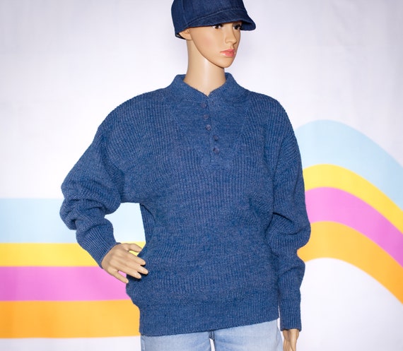 Vintage 1980s L.L. Bean Blue Henley Sweater | Med… - image 2