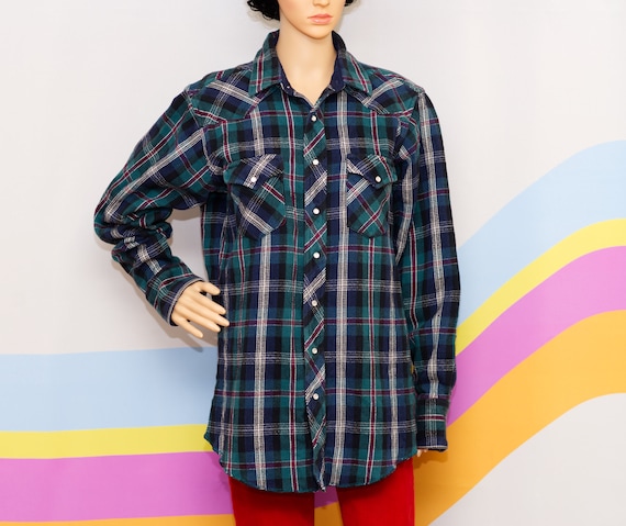 Vintage 1990s Wrangler Plaid Western Flannel | XL… - image 1