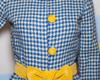 Vintage 1960s Blue Plaid Dress with Yellow Belt | XS Small