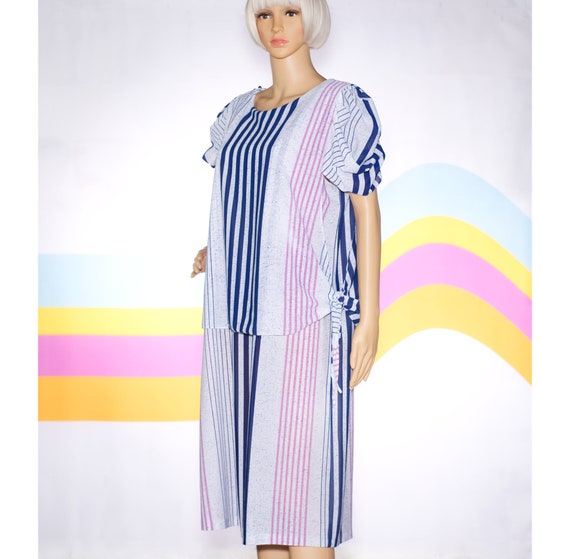 Vintage 1980s Blousy Pink and Blue Striped Dress … - image 3