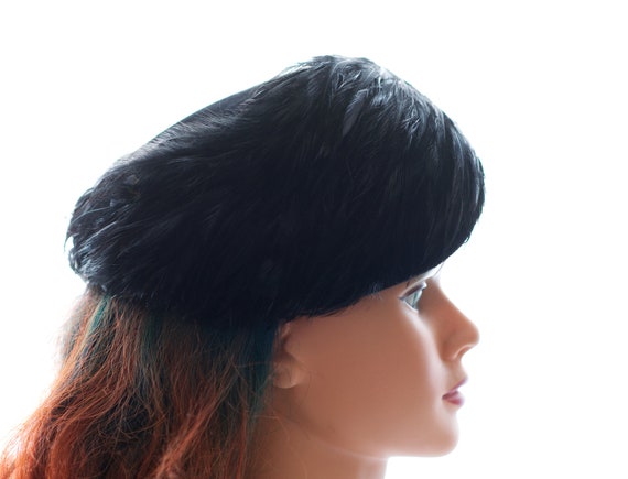 Vintage 1950s Black Feathered Hat | 50s Velour - image 8