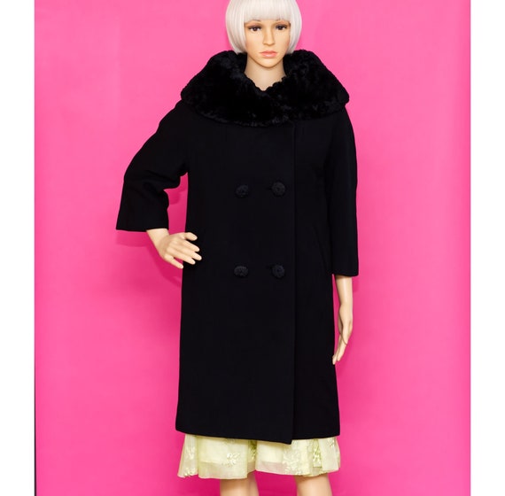 Vintage 1950s Black Faux Fur Collar Wool Coat | M… - image 4