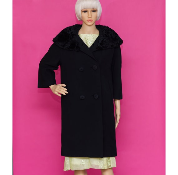 Vintage 1950s Black Faux Fur Collar Wool Coat | M… - image 1