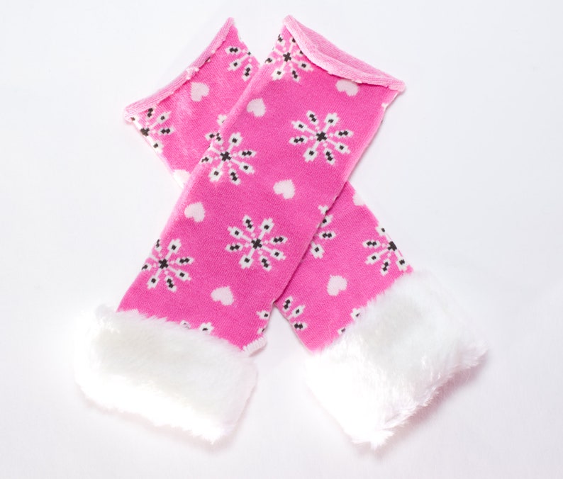 Girl's Pink Snowflake Arm Warmers / Fingerless Gloves image 1