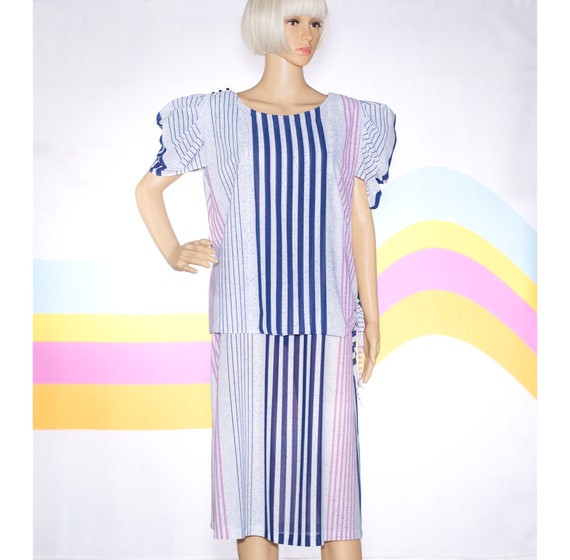 Vintage 1980s Blousy Pink and Blue Striped Dress … - image 1