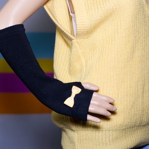Black Arm Warmers with A Yellow Bow / Fingerless Gloves image 2