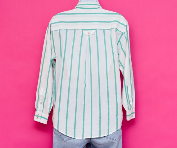 Vintage 1980s Green and White Striped Shirt | Med… - image 5