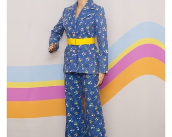 Vintage 1970s Blue Floral Blazer & Pants Set | Small / Medium | 10