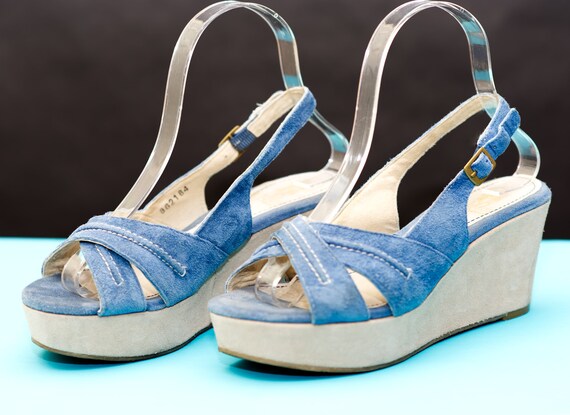 Retro Blue Suede Hush Puppies Platform Sandals | … - image 2