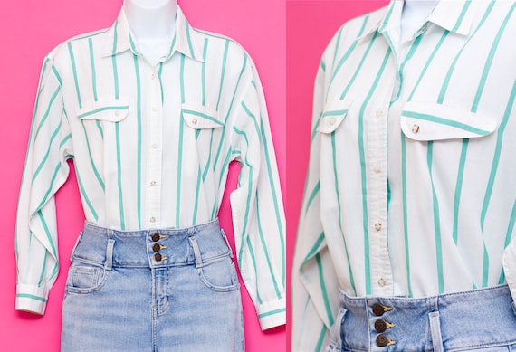 Vintage 1980s Green and White Striped Shirt | Med… - image 1