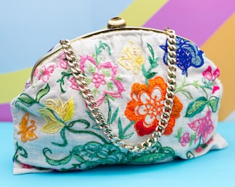 Vintage 1960s Embroidered Floral Handbag with Chain Strap