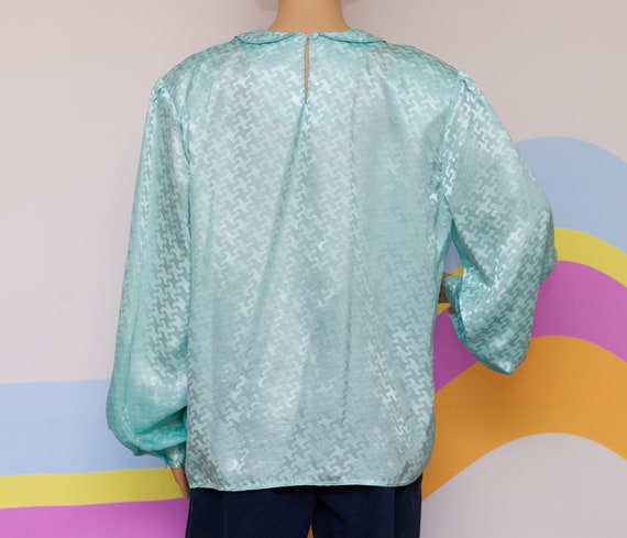 Vintage 1980s Aqua Bishop Sleeve Blouse | XL | 15 - image 4