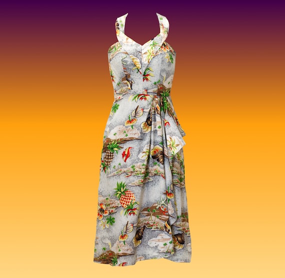 Vintage 1940s Hawaiian Sarong Halter Dress by Holo
