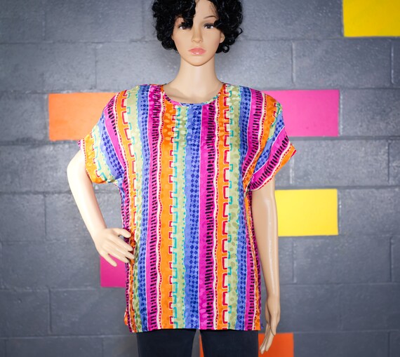 Vintage 1980s Colorful Silk Blouse | Large | 10 - image 3