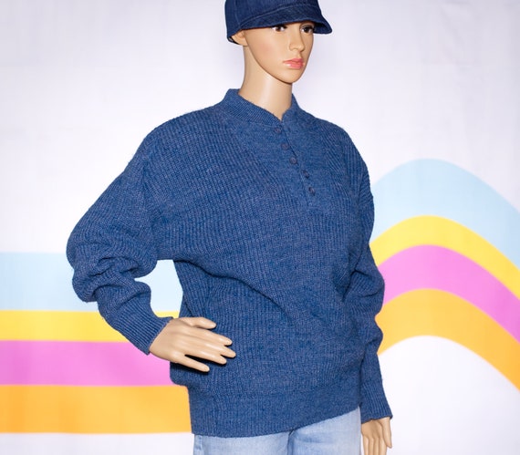 Vintage 1980s L.L. Bean Blue Henley Sweater | Med… - image 1