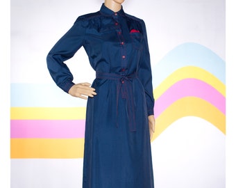 Vintage 1970s Navy Blue with Red Polka Dots Shirt Dress Peter Pan Collar | Small | i-2