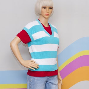 Vintage 1980s Aqua Striped Sweater Vest | Small
