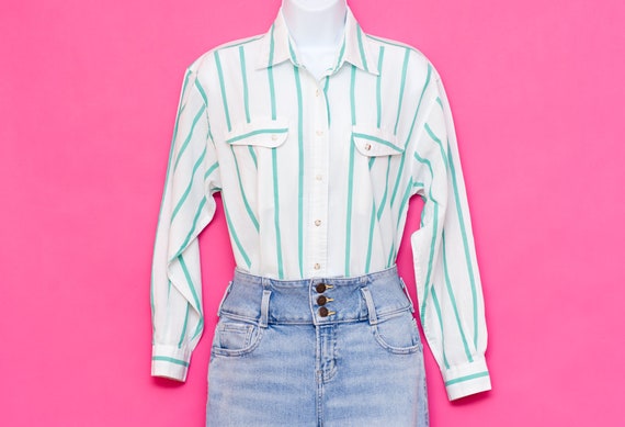 Vintage 1980s Green and White Striped Shirt | Med… - image 2