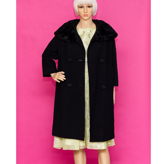 Vintage 1950s Black Faux Fur Collar Wool Coat | M… - image 2