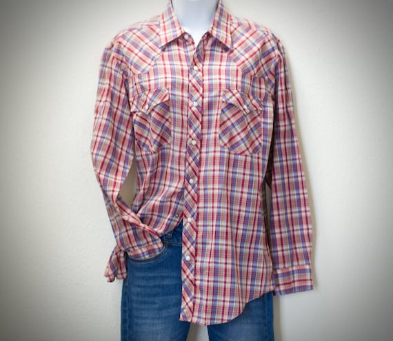 Vintage Plaid Western Shirt Red and Blue Snap up Western Medium 11