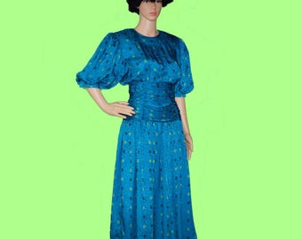 Vintage 1980s Turquoise Silk Midi Dress | Medium | i-18