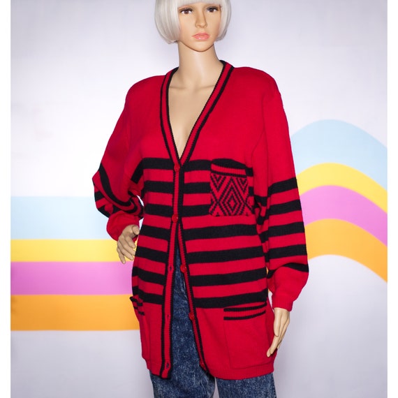 Vintage 1980s Red and Black Oversized Cardigan | … - image 1