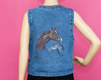 Vintage 1980s Denim Vest Hand Painted Horse | Small