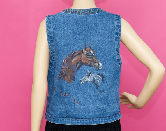 Vintage 1980s Denim Vest Hand Painted Horse | Sma… - image 1