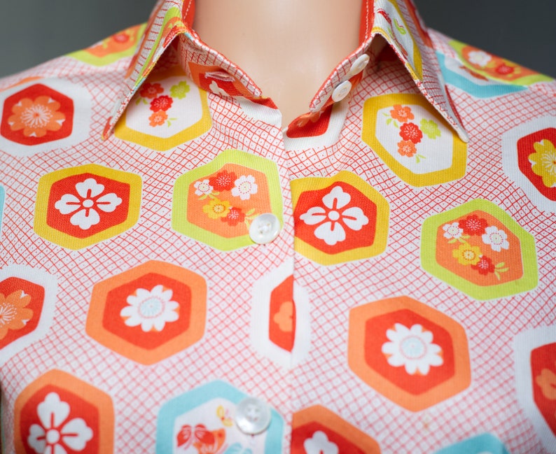 Vintage Orange and Aqua Print Cuffed Button-Up Shirt Medium 3 image 1