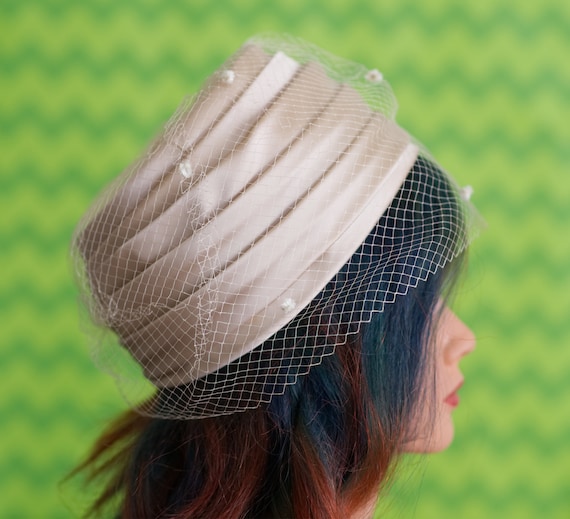 Vintage Satin Champagne Pillbox Hat | 1960s Hat |