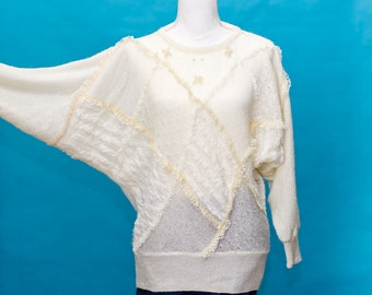 Vintage 1980s Cream Lace Bat-Winged Sweater | Medium / Large