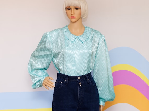 Vintage 1980s Aqua Bishop Sleeve Blouse | XL | 15 - image 2