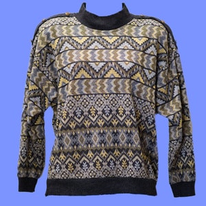 Vintage 1980s Metallic Sweater | 80s Shoulder Pads Geometric Sweater | Medium