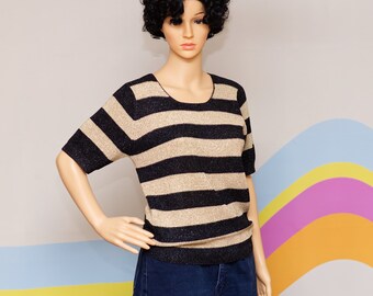 Vintage 1990s Black and Gold Striped Top | Small | 15