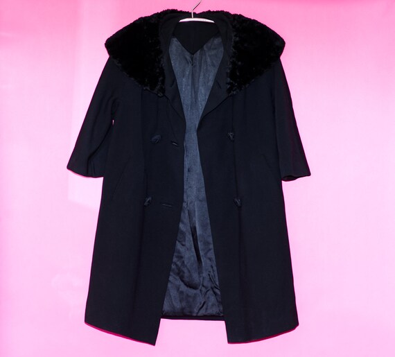 Vintage 1950s Black Faux Fur Collar Wool Coat | M… - image 7