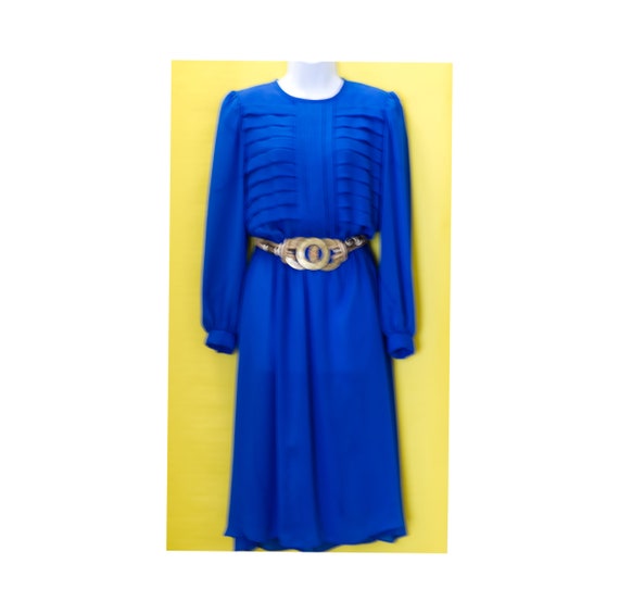 Vintage 1980s Royal Blue Pleated Blouse Dress | L… - image 1