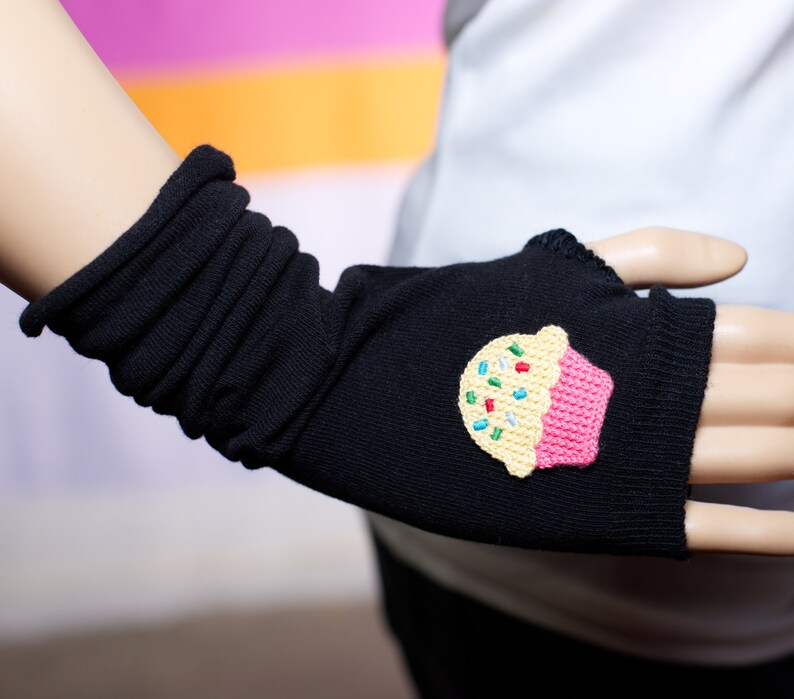 Black Cupcake Arm Warmers / Fingerless Gloves image 2