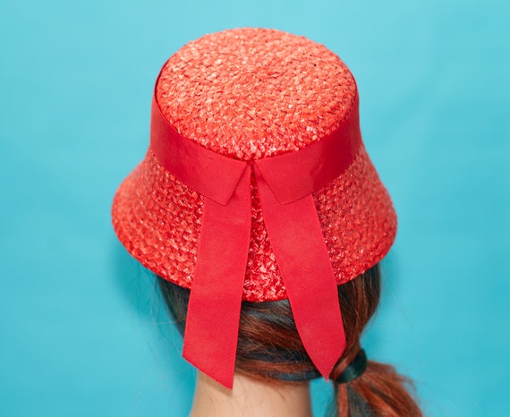 Vintage 1960s Red Straw Bucket Hat - image 3