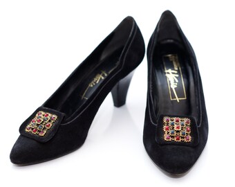 Vintage Jeweled Black Suede Pumps Shoes | Size 7 1/2