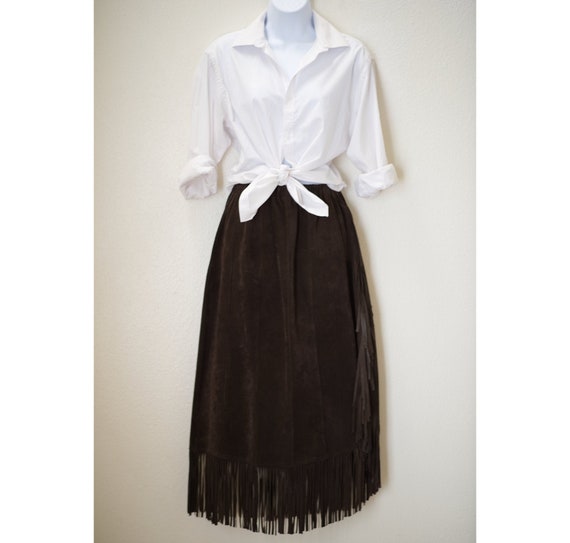Vintage Brown Suede Fringe Skirt | 1970s Western S