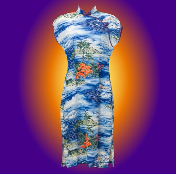 Vintage 1940s Hawaiian Print Dress with Mandarin C