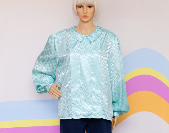 Vintage 1980s Aqua Bishop Sleeve Blouse | XL | 15 - image 3